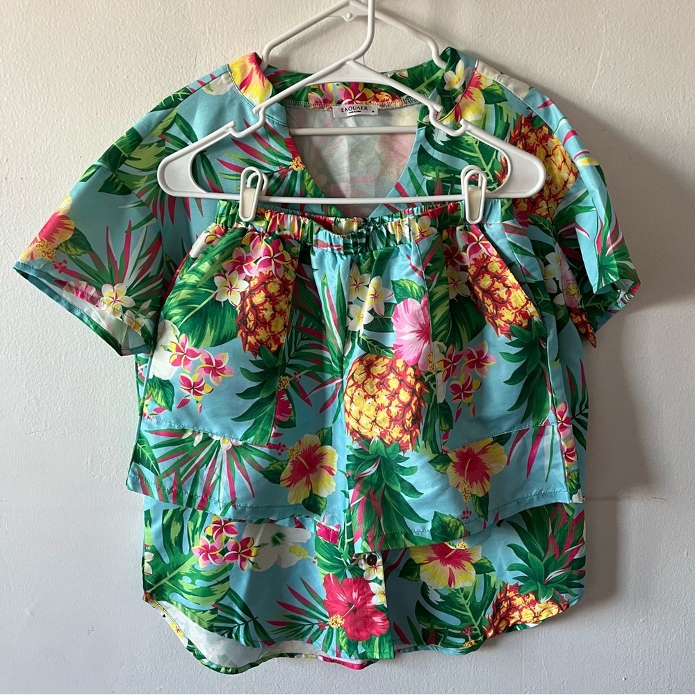 Tropical Two-Piece Set, Pineapple and Floral Print Outfit, Hawaiian Style Medium